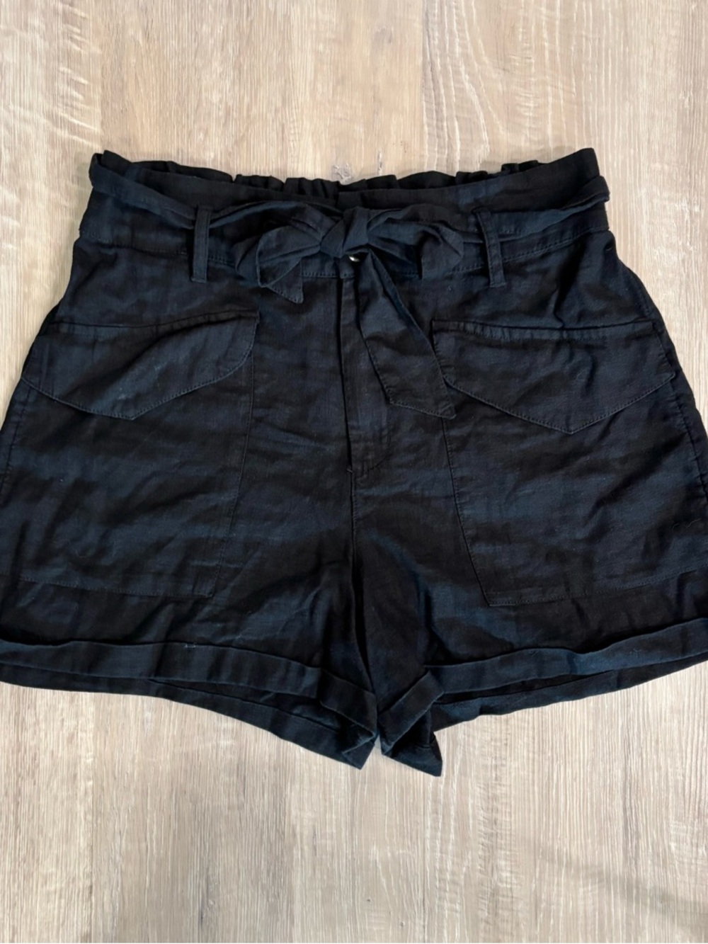 Nicole Miller Linen Blend Shorts Women’s Medium Black Tie Waist Paperbag Hi-Rise